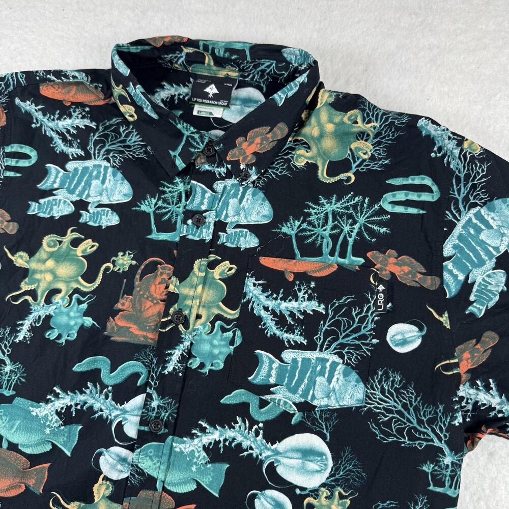 LRG Lifted Research Group Shirt Mens Size L Black Ocean Short Sleeve Button